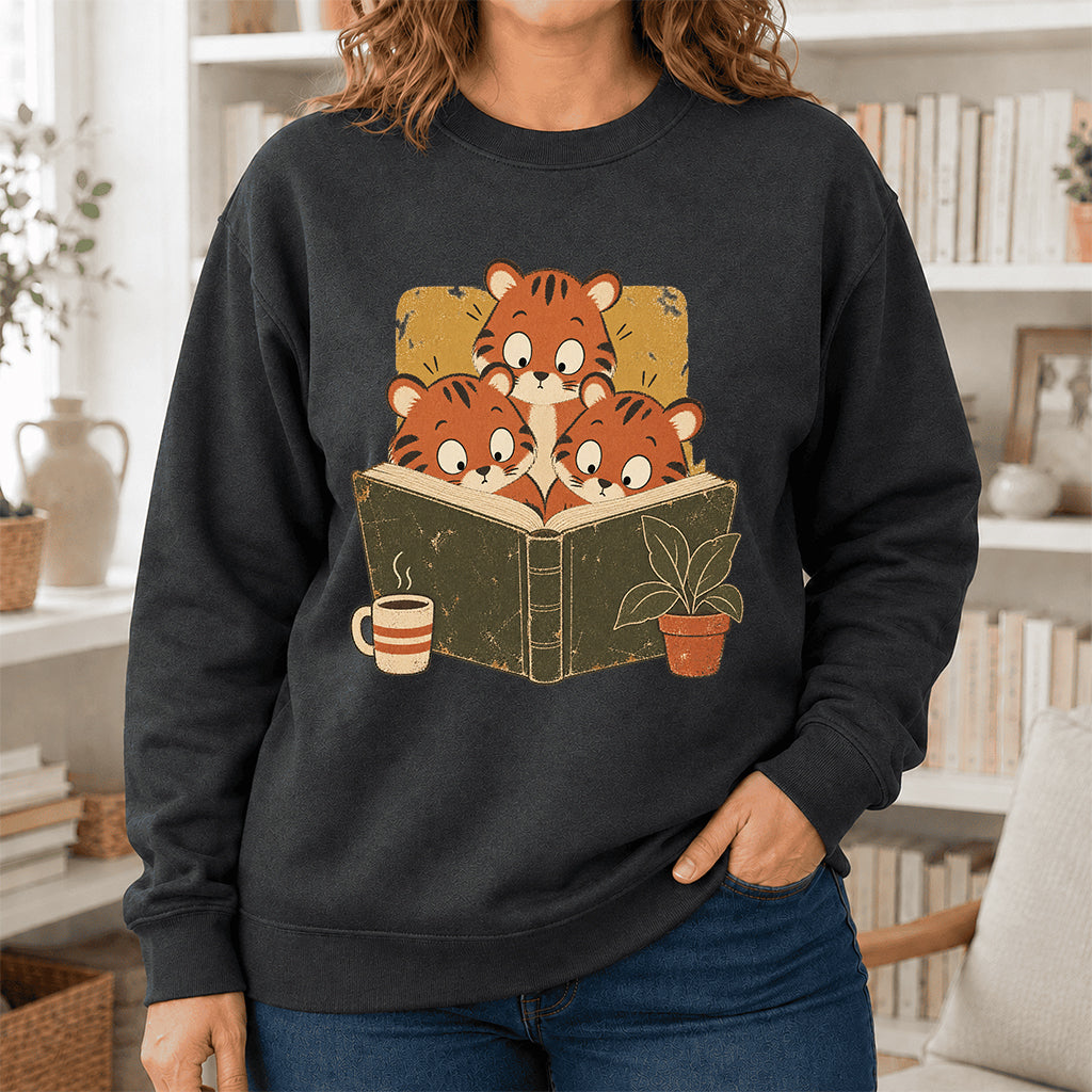 Minimal Japanese Tigers Reading Crewneck Sweatshirt | Reader Gift Dark Heather