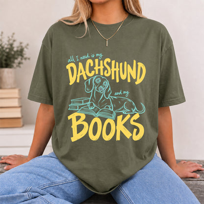 All I Need Is My Dachshund And My Books Softstyle T-Shirt | Book Lover Gift Military Green