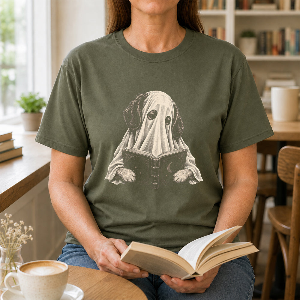 Reading Ghost Dog Printed T-Shirt | Halloween Dog Lover Gift Military Green
