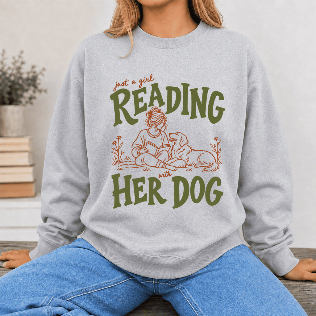 Just A Girl Reading With Her Dog Crewneck Sweatshirt | Reader Gift Sport Grey
