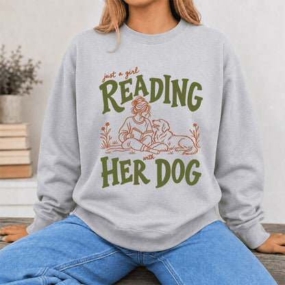 Just A Girl Reading With Her Dog Crewneck Sweatshirt | Reader Gift Sport Grey