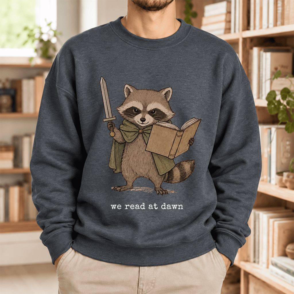 We Read At Dawn Funny Racoon Softstyle Sweatshirt | Cozy Book Lover Gift Dark Heather
