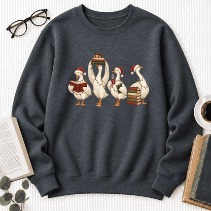 Christmas Reading Ducks Softstyle Sweatshirt | Christmas Book Lover Gift Dark Heather