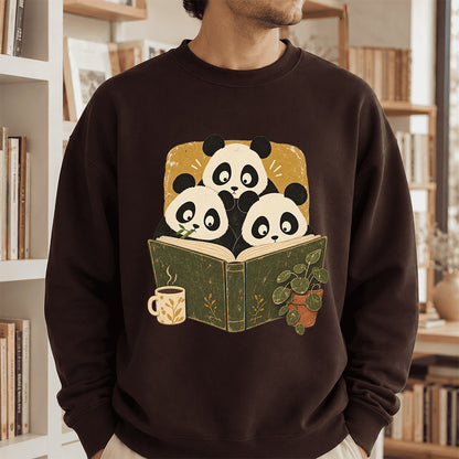 Curious Pandas Reading Crewneck Sweatshirt | Panda Lover & Reader Gift Dark Chocolate