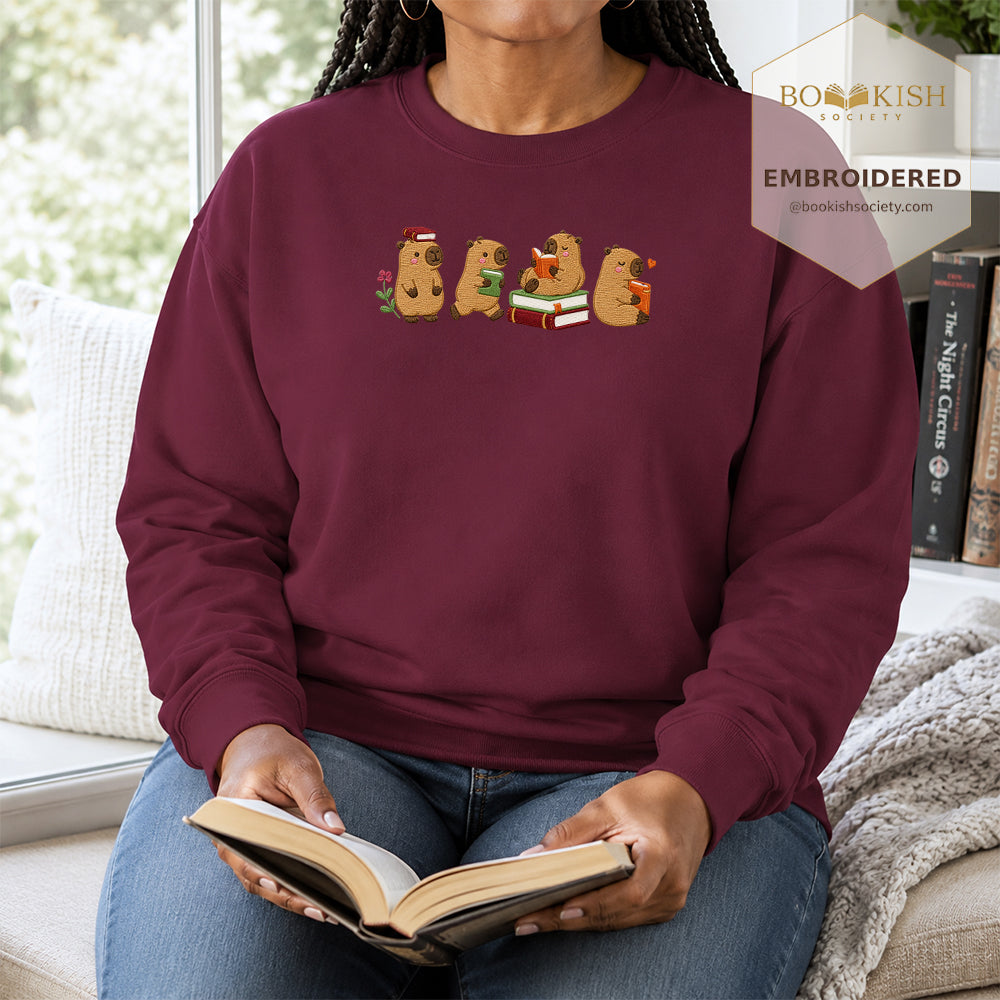 Reading Capybaras Embroidered Sweatshirt | Reader Gift Maroon