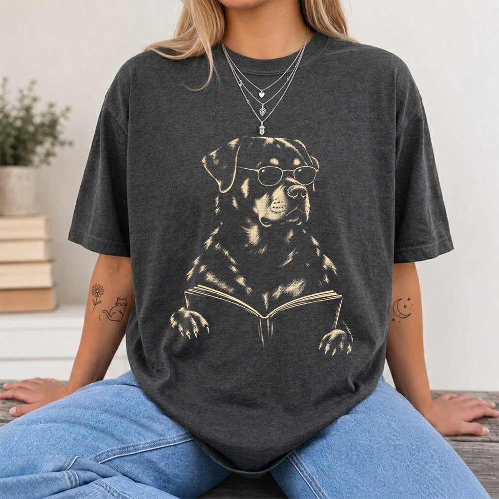 Rottweiler Reading Book Softstyle T-Shirt | Book Lover Gift Dark Heather