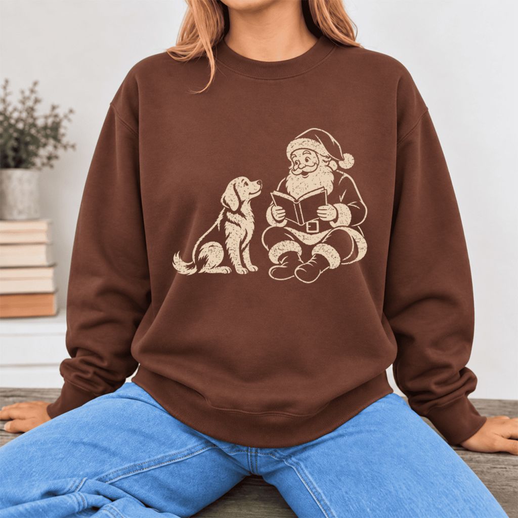 Funny Dog With Reading Santa Softstyle Sweatshirt | Christmas Book Lover Gift Cocoa