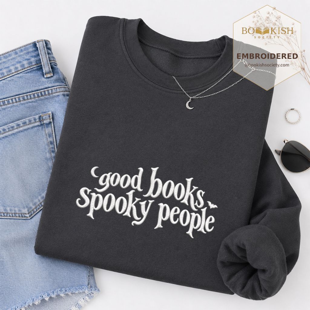 Good Books Spooky People Embroidered Sweatshirt | Halloween Book Lover Gift Dark Heather