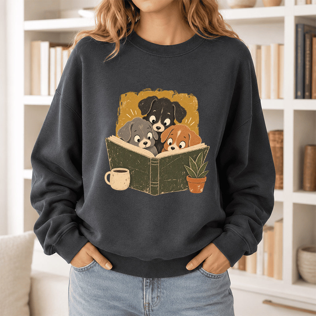 Minimal Japanese Dogs Reading Crewneck Sweatshirt | Reader Gift Dark Heather