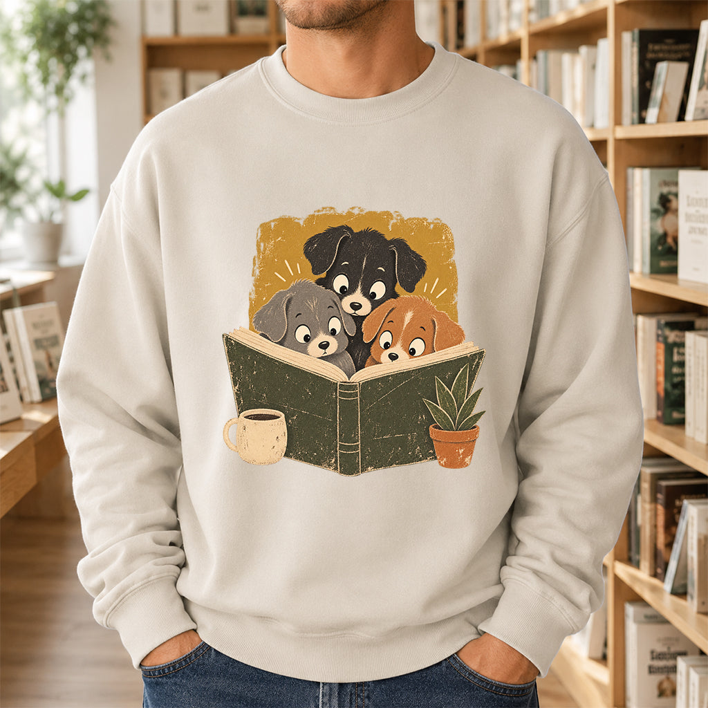 Minimal Japanese Dogs Reading Crewneck Sweatshirt | Reader Gift Sand