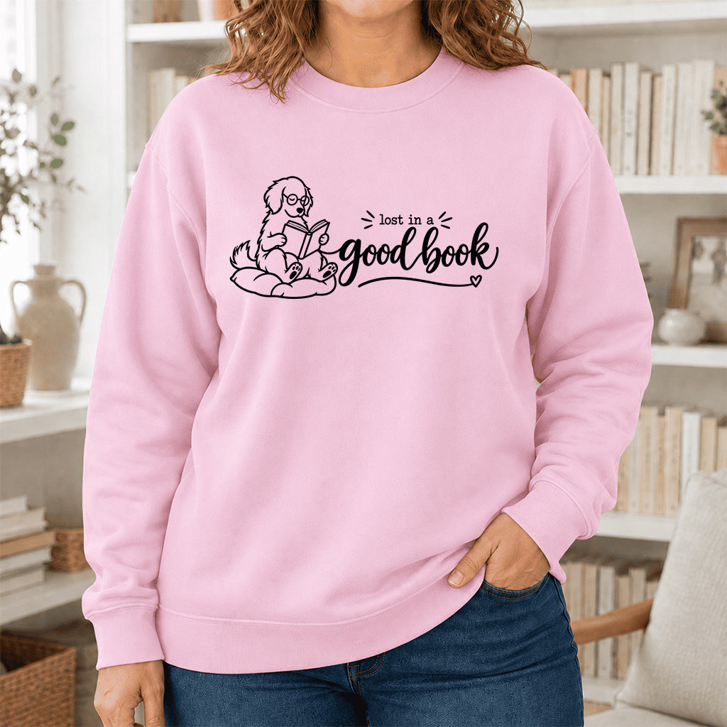 Lost In A Good Book Crewneck Sweatshirt | Dog Lover & Reader Gift Light Pink