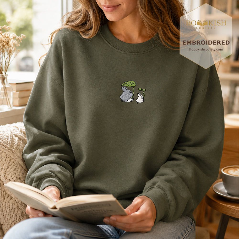 Forest Spirits and Flowers Embroidered Sweatshirt | Reader Gift Military Green