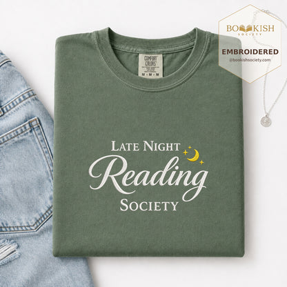 Late Night Reading Society Embroidered Comfort Color® T-shirt | Book Lover Gift Moss