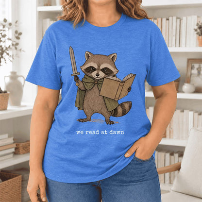 We Read At Dawn Funny Racoon Ultra-Soft Cotton T-Shirt | Playful Reader Gift Heather True Royal