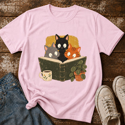 Minimal Japanese Cats Reading Softstyle T-Shirt | Book Lover Gift Light Pink