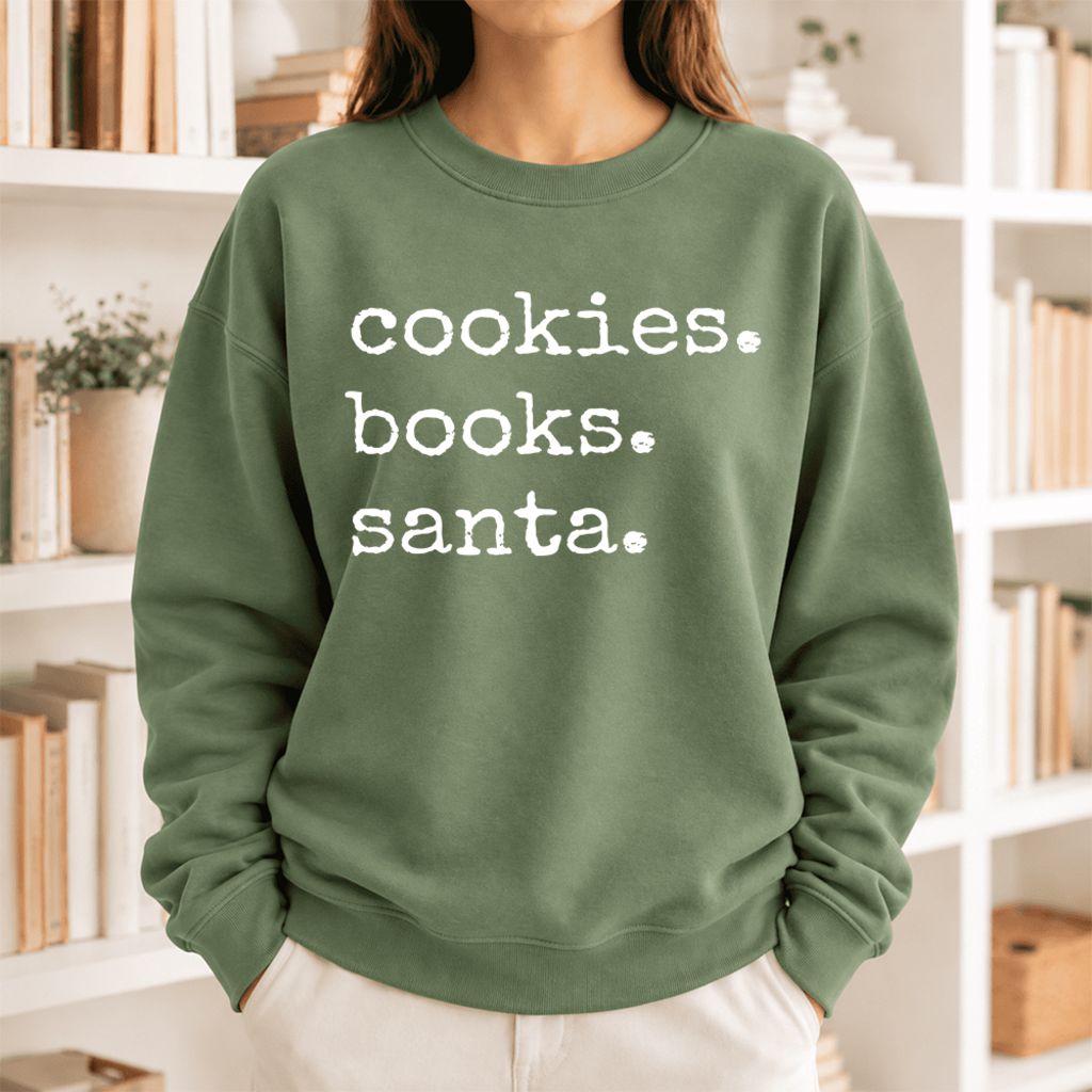 Cookies Books Santa Softstyle Sweatshirt | Christmas Book Lover Gift Military Green