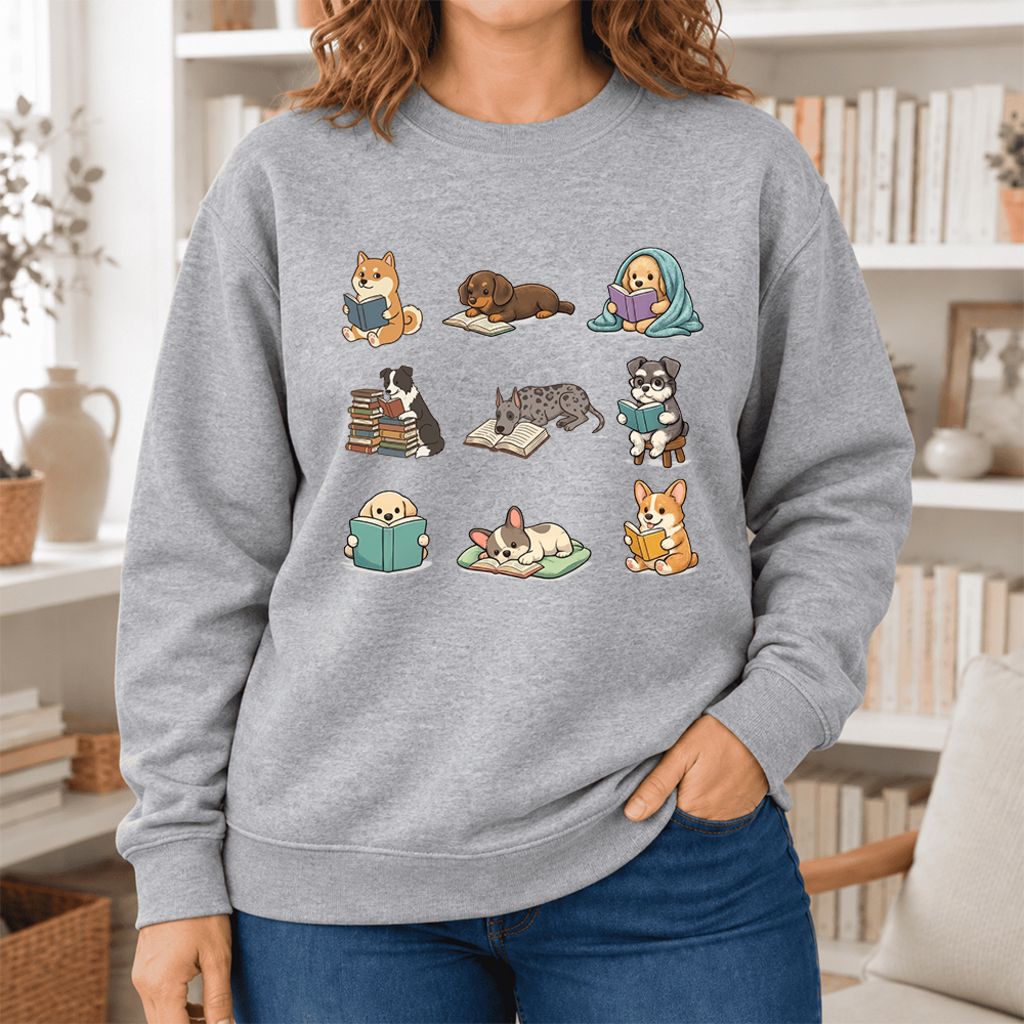Funny Reading Dogs Embroidered Sweatshirt | Dog Mom Reader Gift Sport Grey