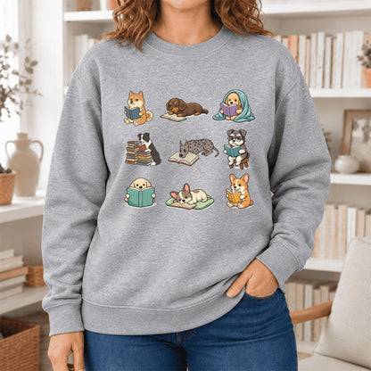 Funny Reading Dogs Embroidered Sweatshirt | Dog Mom Reader Gift Sport Grey