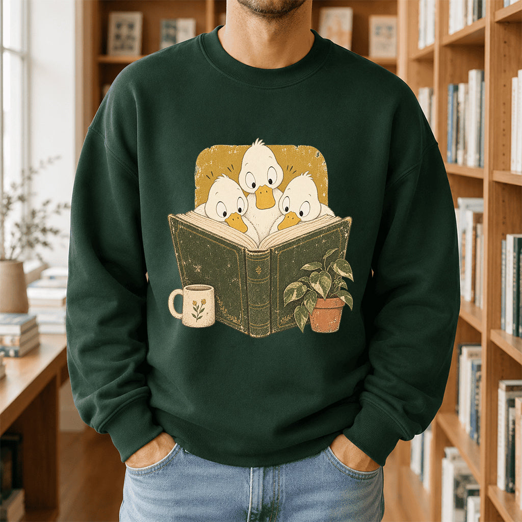 Minimal Japanese Ducks Reading Crewneck Sweatshirt | Reader Gift Forest Green