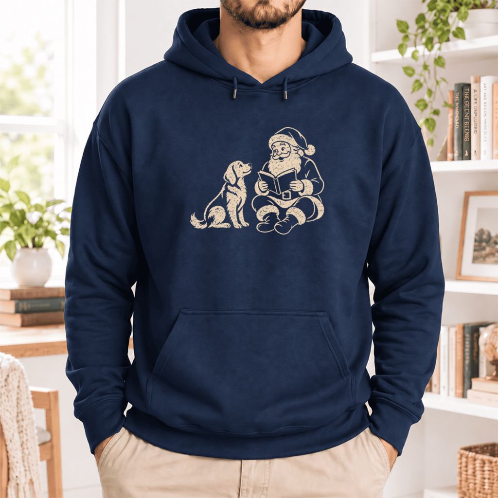 Funny Dog With Santa Christmas Softstyle Hoodie | Christmas Gift For Dog & Book Lover Navy