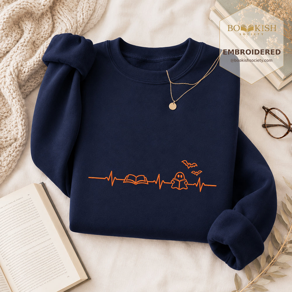 Reading Heartbeat Embroidered Sweatshirt | Spooky Halloween Book Lover Gift Navy