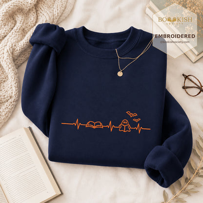 Reading Heartbeat Embroidered Sweatshirt | Spooky Halloween Book Lover Gift Navy