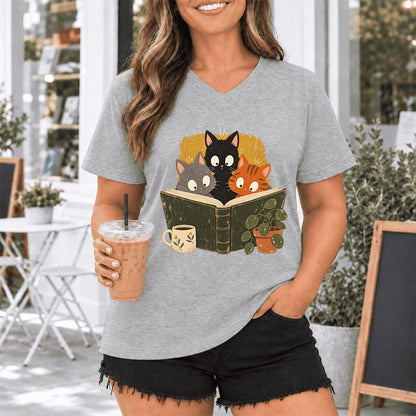 Curious Reading Cats Ultra-Soft V-Neck | Cat Lover Reader Gift Athletic Heather