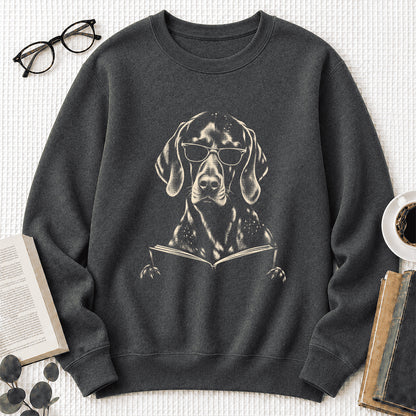 German Shorthaired Pointer Reading Book Crewneck Sweatshirt | Reader Gift Dark Heather