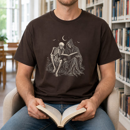Halloween Reading Buddies Printed T-Shirt | Halloween Book Lover Gift Dark Chocolate