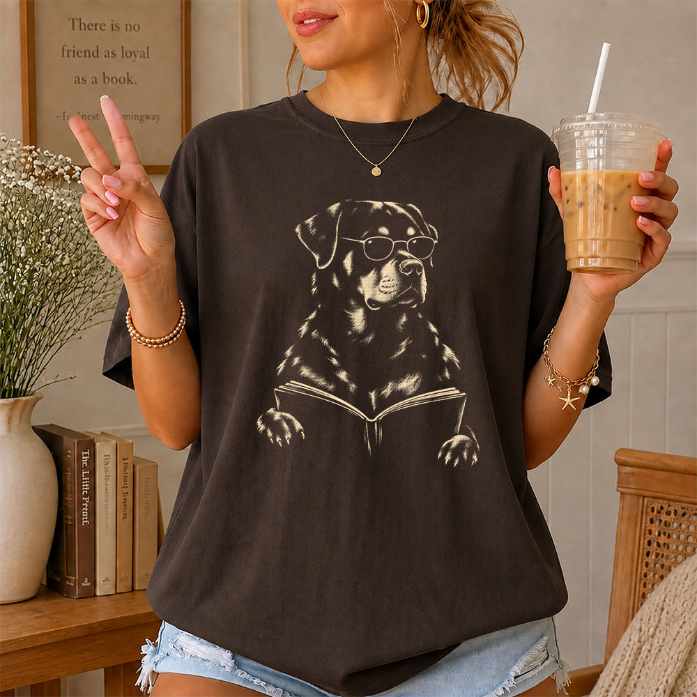 Rottweiler Reading Book Softstyle T-Shirt | Book Lover Gift Dark Chocolate