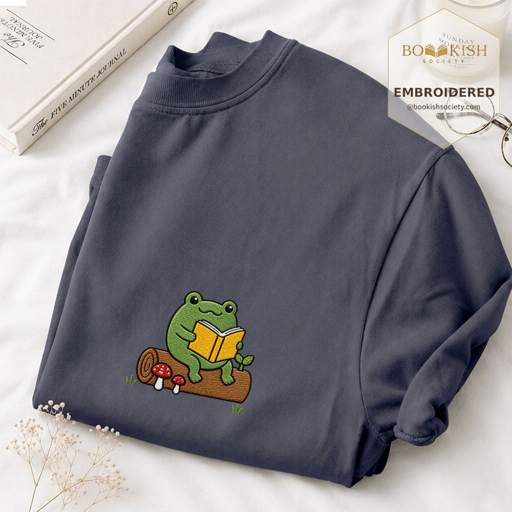 Embroidered Frog on Log Reading Book Comfort Color® T-shirt Book Lover Gift Navy