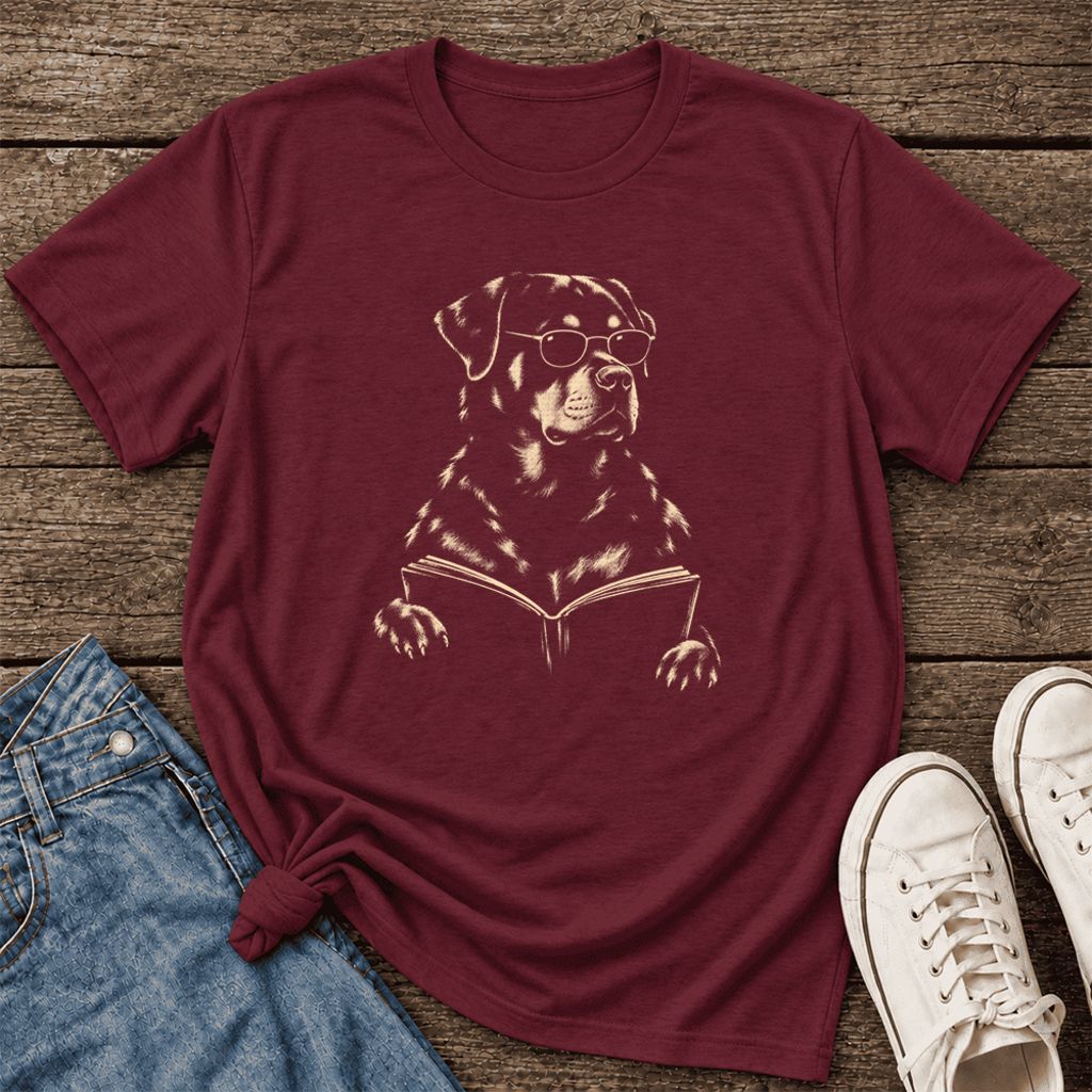 Rottweiler Reading Book Ultra-Soft Cotton T-Shirt | Dog Mom Reader Gift Maroon
