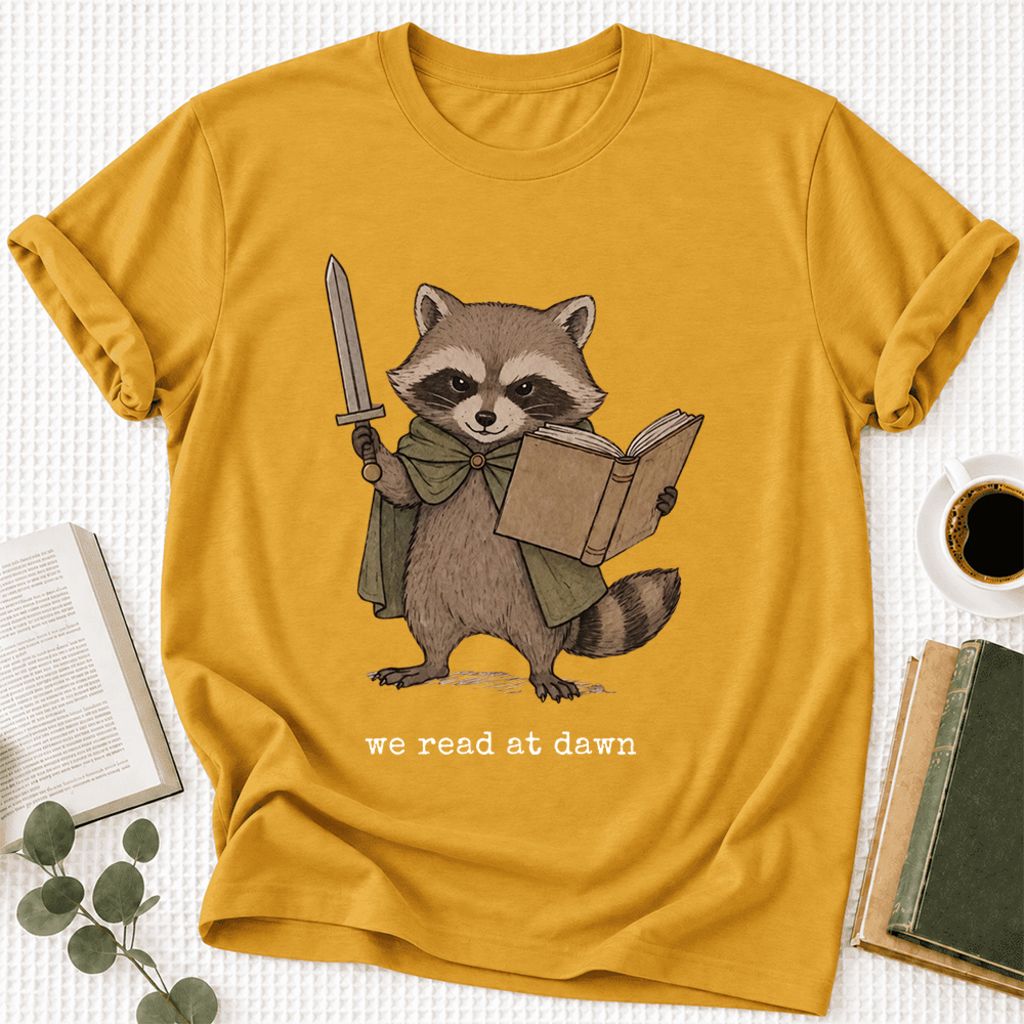We Read At Dawn Funny Racoon Ultra-Soft Cotton T-Shirt | Playful Reader Gift Mustard