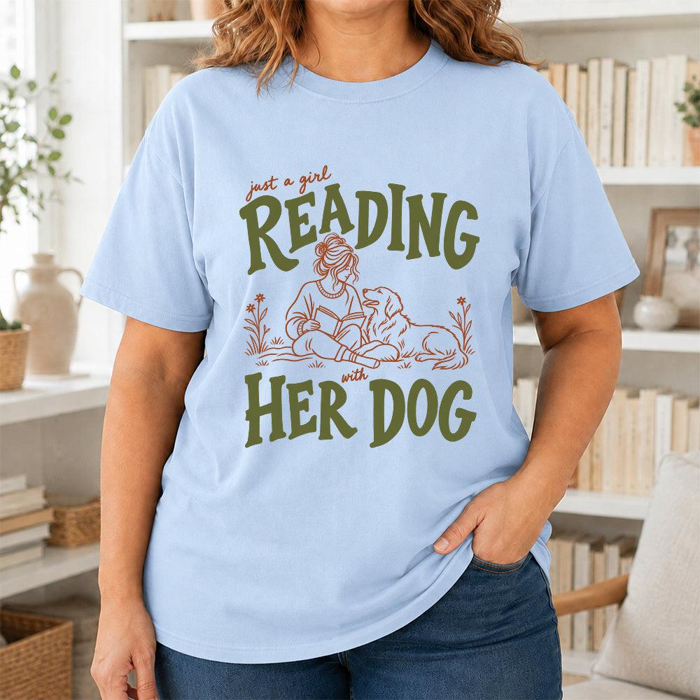 Just A Girl Reading With Her Dog Softstyle T-Shirt | Book Lover Gift Light Blue