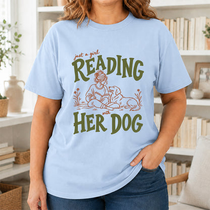Just A Girl Reading With Her Dog Softstyle T-Shirt | Book Lover Gift Light Blue