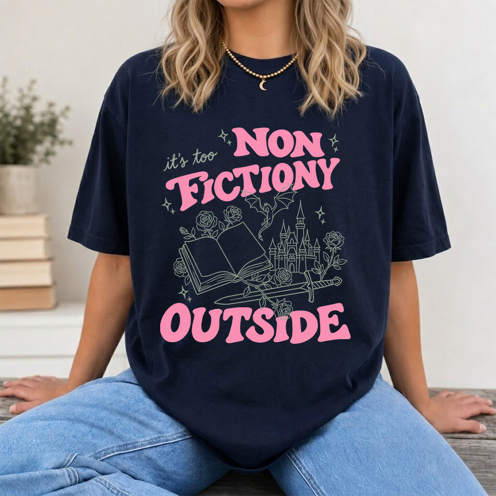 It's Too Nonfictiony Outside Cotton T-Shirt | Introvert Book Lover Gift Navy