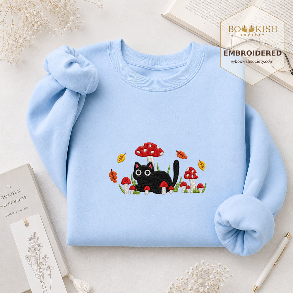 Mushroom Cat Embroidered Sweatshirt | Reader Gift Light Blue
