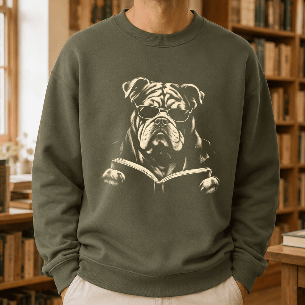 Bulldog Reading Book Crewneck Sweatshirt | Reader Gift Military Green