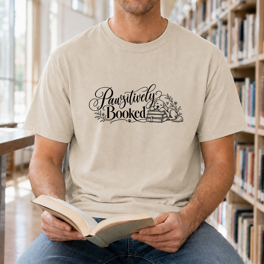Pawsitively Booked Cotton T-Shirt | Dog Lover & Reader Gift Sand