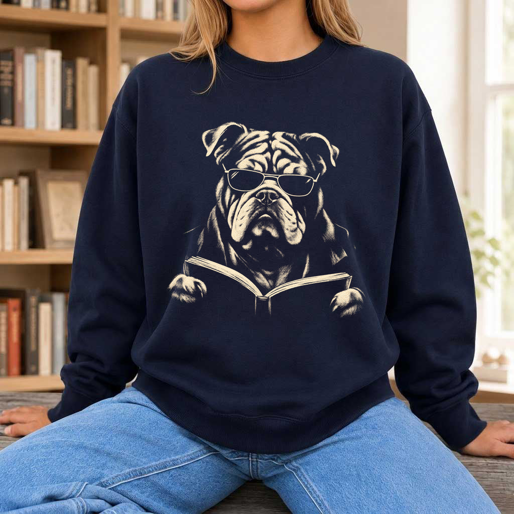 Bulldog Reading Book Crewneck Sweatshirt | Reader Gift Navy