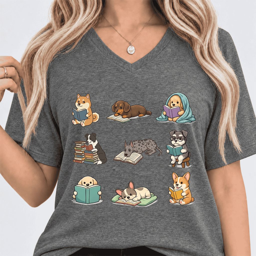 Funny Reading Dogs Ultra-Soft V-Neck | Dog Mom Reader Gift Deep Heather
