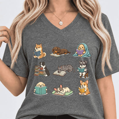 Funny Reading Dogs Ultra-Soft V-Neck | Dog Mom Reader Gift Deep Heather