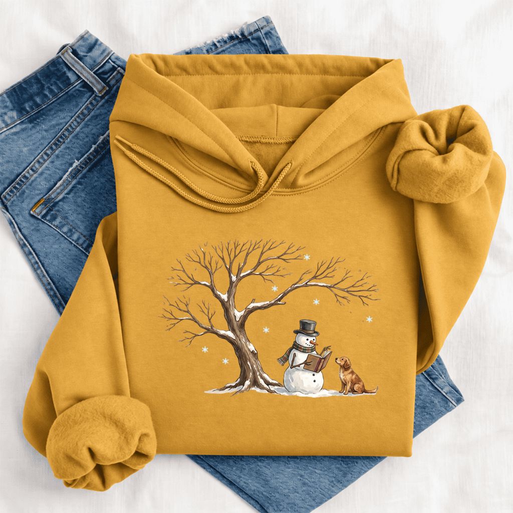 Golden Retriever And Snowman Under Tree Softstyle Hoodie | Christmas Reader Gift Mustard