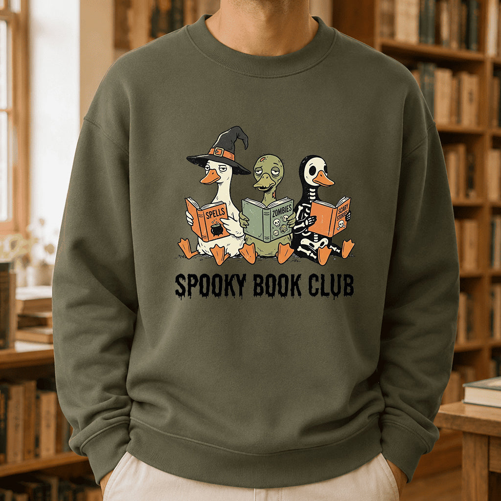 Spooky Book Club Printed Sweatshirt | Halloween Book Lover Gift Military Green