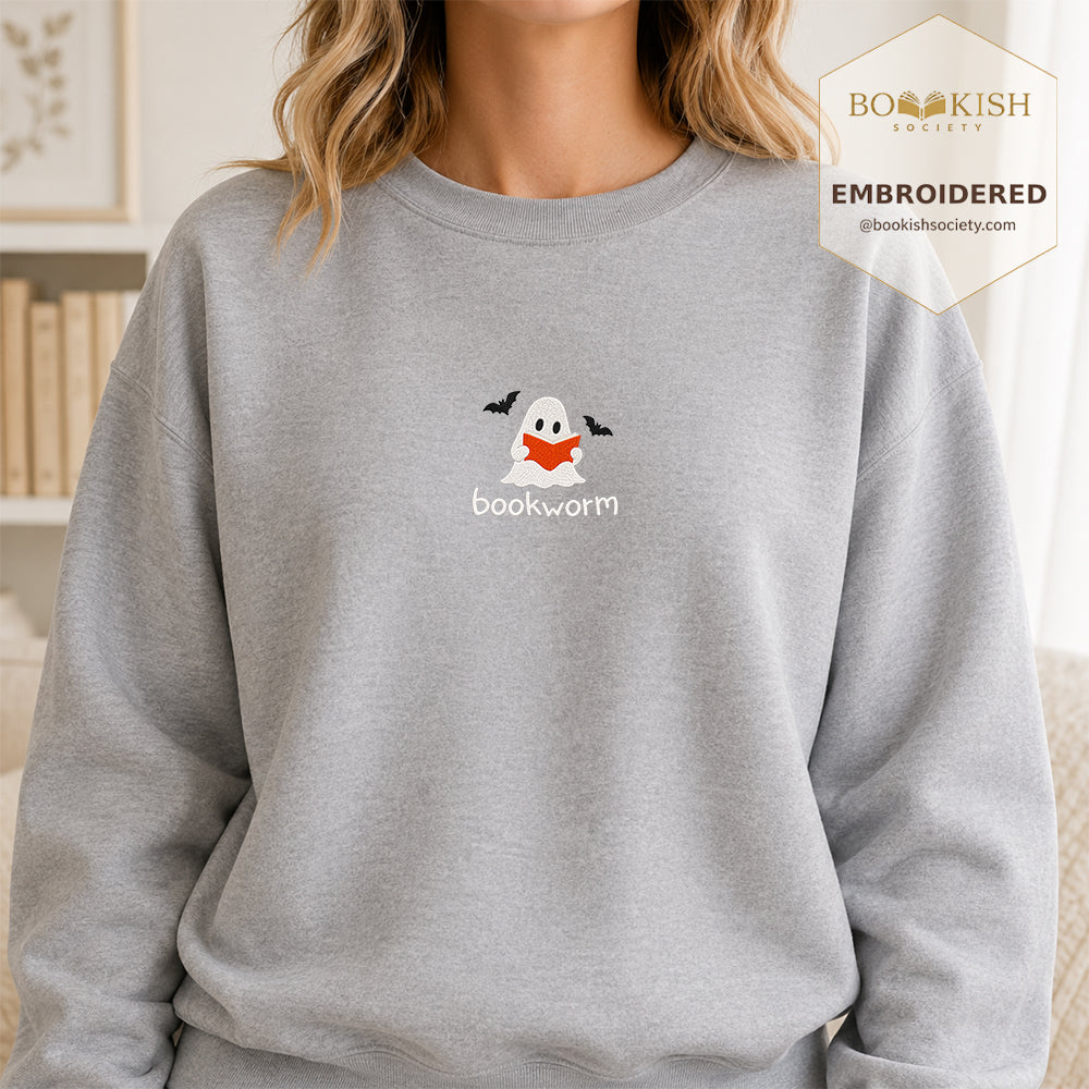Bookworm Embroidered Sweatshirt | Halloween Book Lover Gift Sport Grey