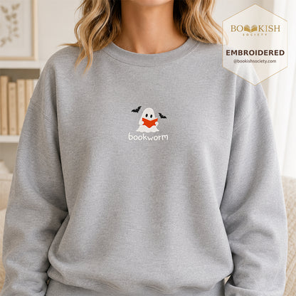 Bookworm Embroidered Sweatshirt | Halloween Book Lover Gift Sport Grey