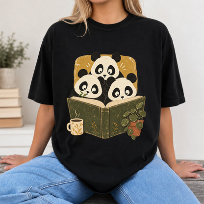 Minimal Japanese Pandas Reading Softstyle T-Shirt | Book Lover Gift Black