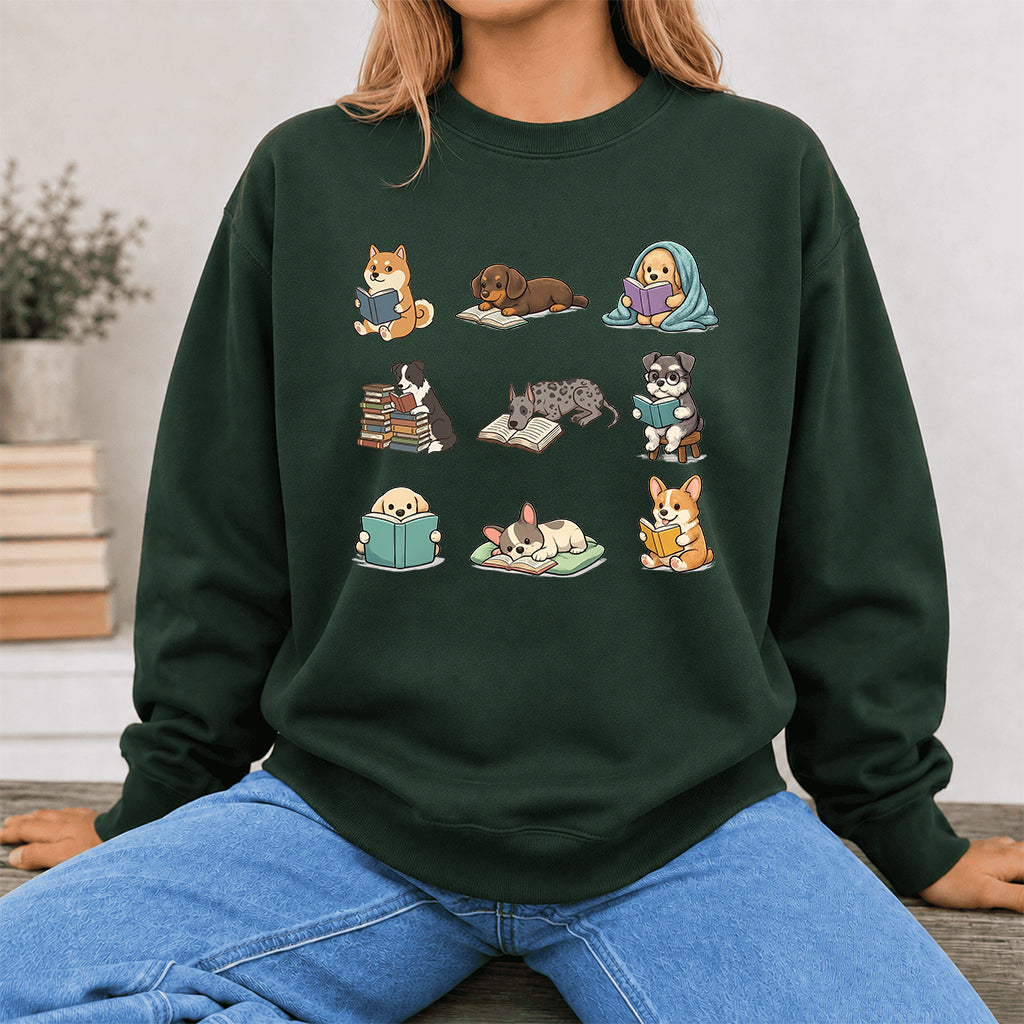 Funny Dogs Reading Crewneck Sweatshirt | Reader Gift Forest Green