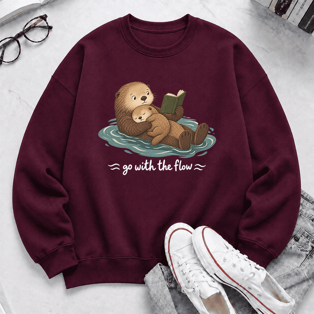 Go With The Flow Otter Reading Crewneck Sweatshirt | Reader Gift Maroon