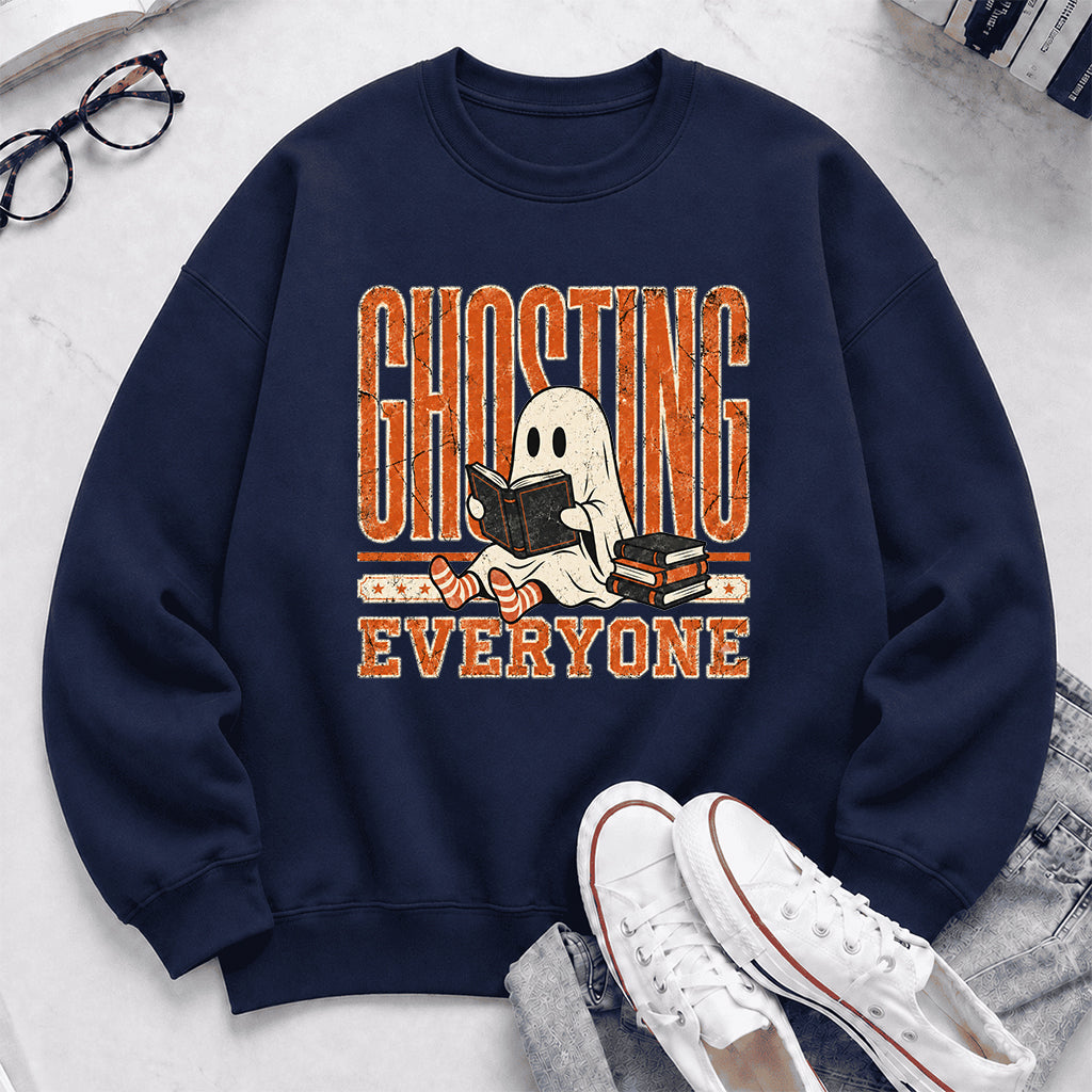 Ghosting Everyone Printed Sweatshirt | Halloween Book Lover Gift Navy